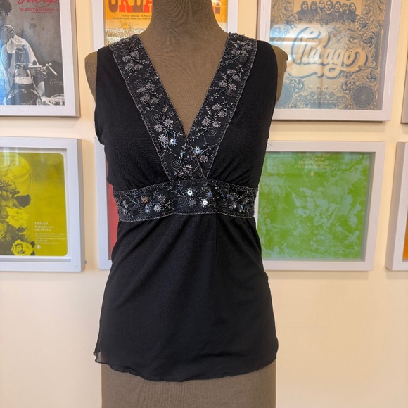 Y2K Black Sleeveless Embroidered Bead Sequin V-Neck Tie Waist Top - Picture 1 of 8